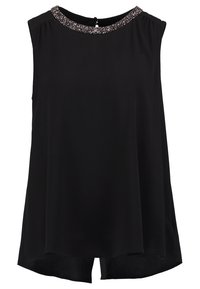 Top senza maniche nero con scollatura decorata con perline, tessuto leggero, design fluido e orlo arrotondato, con una piccola apertura sul retro.
