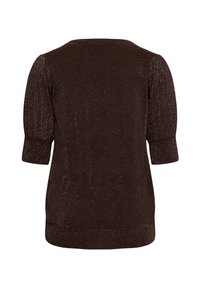 Dark brown short-sleeve sweater with subtle metallic shimmer, fitted cuffs, and ribbed neckline and hem, shown from the back.