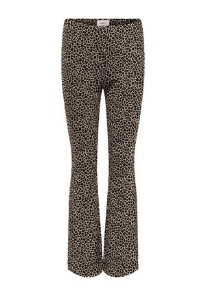 Bukser med høj talje i leopardprint, let flare og elastik i taljen.