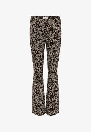 Pantalon taille haute imprimé léopard avec une légère évasement et une ceinture élastique.