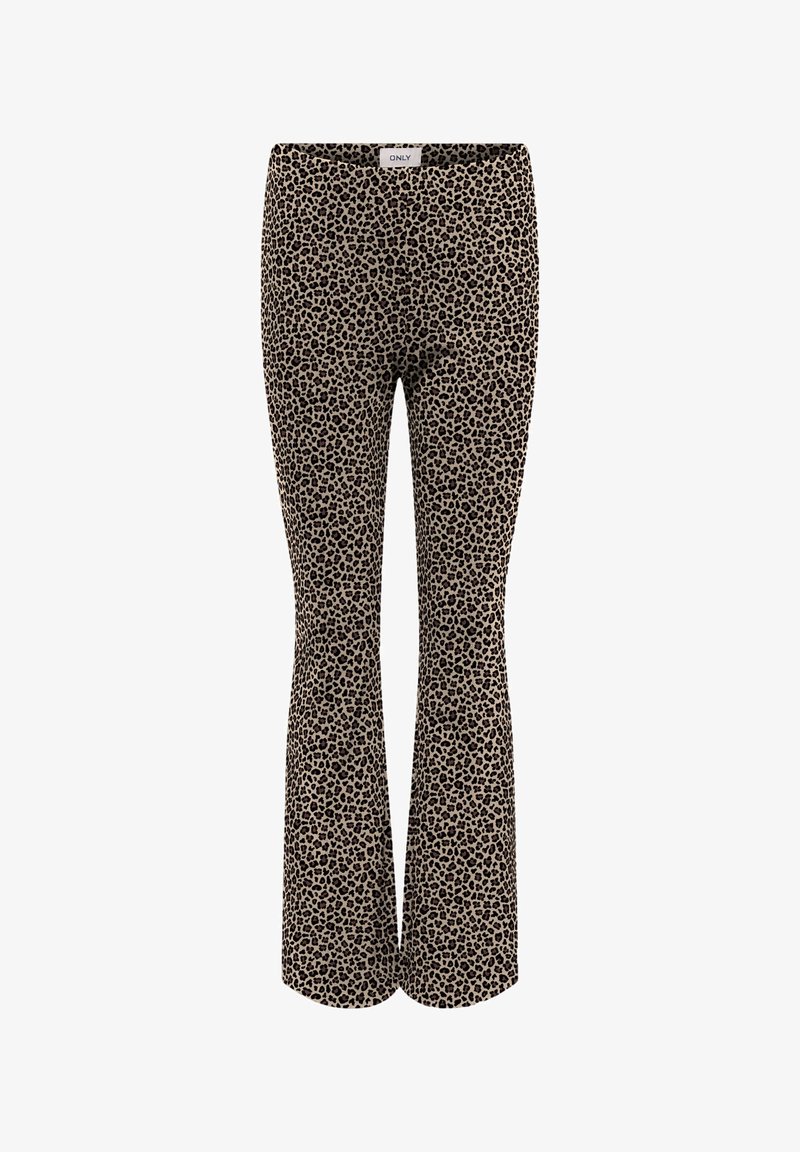 Pantalon taille haute imprimé léopard avec une légère évasement et une ceinture élastique.