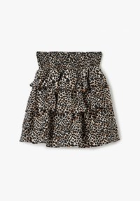 Gonna a strati nera e beige con strati arricciati, caratterizzata da una fantasia leopardata e una cintura elastica. Tessuto morbido.
