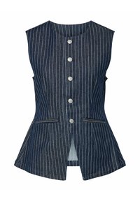 Chaleco de rayas azul con cuello redondo, diseño sin mangas, delantero de cinco botones y dos bolsillos laterales. Hecho de material de mezclilla.