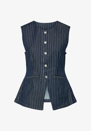 Blå stribede vest med rund halsudskæring, ærmeløs design, fem knapper fortil og to sidelommer. Fremstillet af denim materiale.
