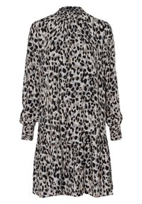 Robe à manches longues en imprimé léopard avec un col montant froncé, des poignets froncés et un ourlet à volants dans des tons neutres de noir, gris et beige.