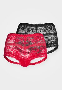 Spitzenunterwäsche-Set mit einem schwarzen und einem roten Paar. Beide haben florale Muster, gewellte Ränder und eine weiche, transparente Textur.