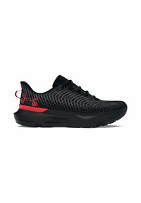 Chaussure de course noire avec une tige texturée mettant en avant des accents rouges. Le design comprend des lignes courbes et une semelle noire rembourrée avec le logo "HOVR+".