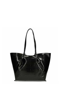 Zwarte krokodillen-embossed leren tote bag met twee handvatten, ruime driehoekige vorm, glanzende afwerking en zichtbare textuurdetails.