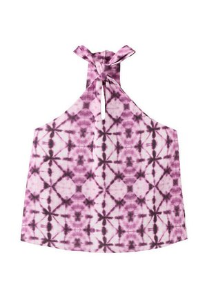 Haut dos nu tie and dye violet et blanc avec fermeture à nouer au niveau du cou et petite ouverture en forme de goutte sous le nœud.