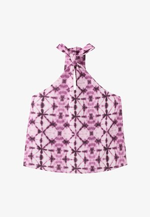 Haut dos nu tie and dye violet et blanc avec fermeture à nouer au niveau du cou et petite ouverture en forme de goutte sous le nœud.