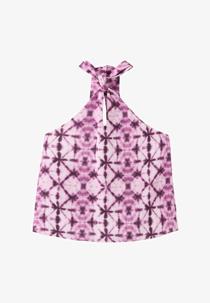 Haut dos nu tie and dye violet et blanc avec fermeture à nouer au niveau du cou et petite ouverture en forme de goutte sous le nœud.