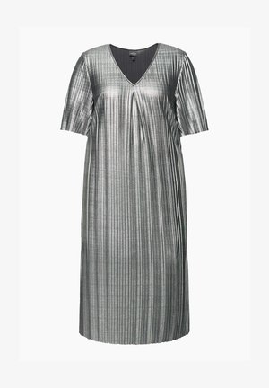 Metallic silver pleated dress with short sleeves and a V-neckline. Features vertical stripes and a relaxed fit. Smooth texture.