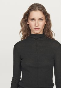 Black, long-sleeve top with a high neck and a central seam detail, made from a lightweight, slightly sheer fabric. Smooth texture.