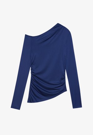 Majica z dolgimi rokavi v temno modri barvi, z diagonalnim izrezom, nabranimi stranskimi detajli in gladkim, raztegljivim tekstilom.