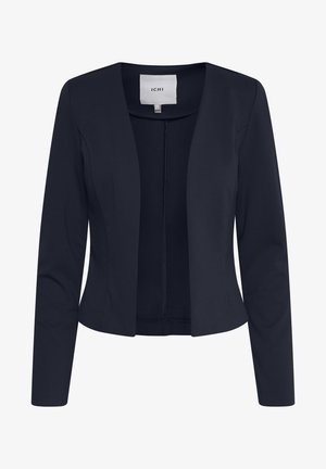 Navyblauer Jersey-Blazer mit langen Ärmeln, offener Vorderseite und glatter Textur. Etikett sichtbar am Ausschnitt.