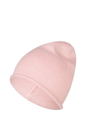 Light pink knitted beanie hat with a rolled edge, shown on a white background.