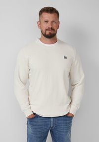 Sweatshirt crème clair à col rond avec des manches longues et un petit logo cousu sur la poitrine. Associé à un jean bleu délavé. Texture lisse.
