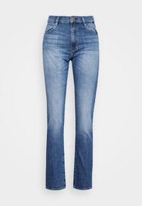 Blue denim jeans with a straight leg design, high waist, and subtle fading. Features five pockets and a front button closure.