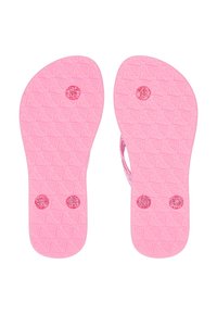 Lyserøde flip-flops med en struktureret sål, prydet med to skinnende, glitrende pink prikker på hver fodseng. Enkelt tænder-design.