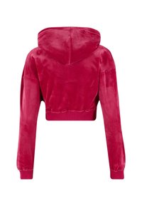 Gekürzter Hoodie aus leuchtend pinkem Samt. Verfügt über eine Kapuze, lange Ärmel, gerippte Säume und Bündchen sowie eine glatte, weiche Textur.