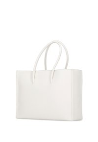 Borsa tote bianca in pelle con una forma strutturata, due manici arrotondati e cuciture pulite. Texture liscia e design minimalista.