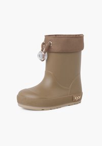 Bota de lluvia de goma marrón con una suela texturizada, un puño de tela y un cierre con cordón, con un logo en el lateral.