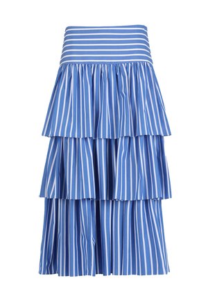 Blå og hvide lodrette stribede midi-nederdel med tre lag med rynkede flæser og en bred talje med vandrette striber.