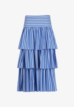 Zils un balts vertikāli svītrains divdaļīgs midi svārks ar trim savāktām volānu kārtām un plata horizontāli svītraina josta.