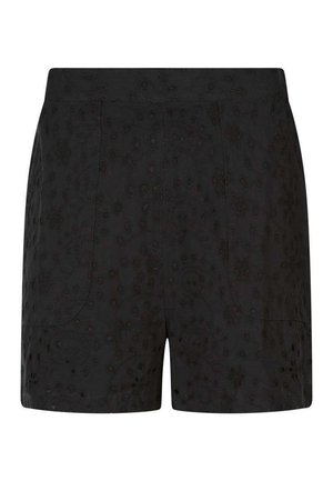 Shorts noirs taille haute avec broderie délicate en œillets floraux et poches plaquées à l'avant, fabriqués en tissu léger.