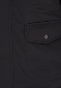 Bolsillo de tela negra con solapa asegurada por un botón metálico redondo grabado con texto, cosido sobre un fondo textil negro a juego.