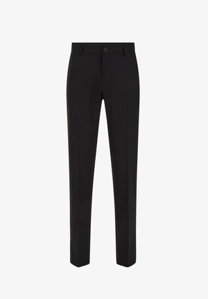 Pantaloni neri su misura realizzati in tessuto liscio; caratterizzati da una chiusura con bottone singolo, passanti per la cintura e dettagli di piega frontale.
