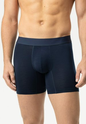 Mannelijke torso met donkerblauwe nauwsluitende boxershorts, staand met ontspannen armen langs het lichaam tegen een effen lichte achtergrond.