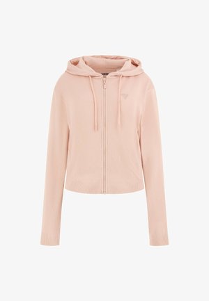 Roza zip-up kapuca z ribasto teksturo, dolgimi rokavi in kapuco z vrvico. Ima majhen logotip na prsih in skrajšan dizajn.