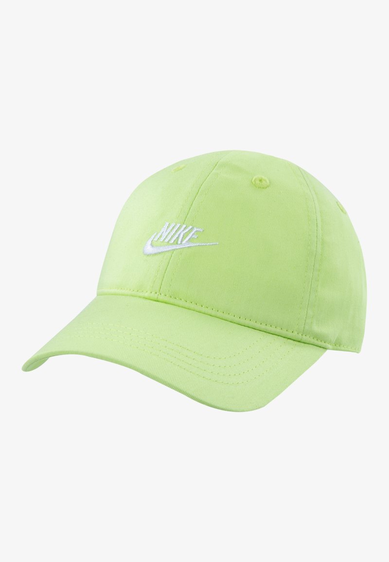 Lime zöld baseballsapka, pamutból készült, ívelt résszel, fehér hímzett Nike logóval az elején és szellőző lyukakkal.