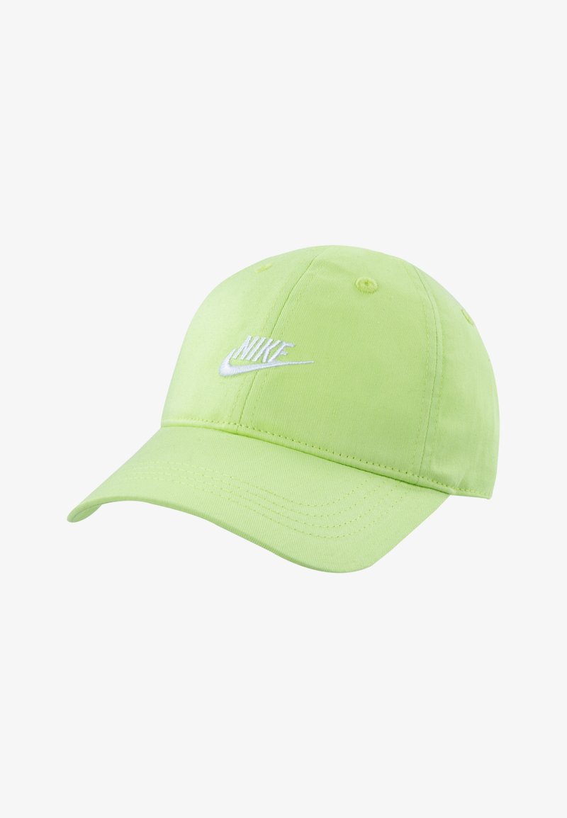 Gorra de béisbol verde lima hecha de algodón con visera curvada, que presenta un logo de Nike bordado en blanco en la parte frontal y orificios de ventilación.