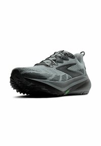 Gray running shoe with textured upper, black accents, and lugged rubber outsole for traction. Features flat laces and a cushioned sole.