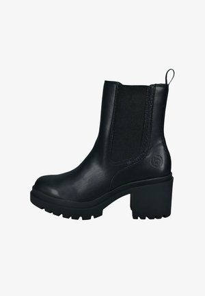 Schwarze Leder-Stiefelette mit seitlichen elastischen Einsätzen, strukturierten Oberfläche, runder Zehenpartie und klobigem Absatz. Verfügt über eine rutschfeste Sohle und eine Zuglasche.