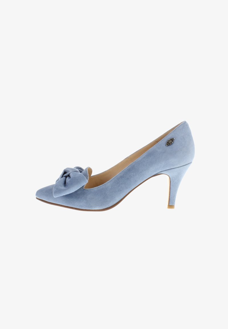 Light blue suede high heel shoes with a pointed toe and a large bow on the front. Features a slender heel and a small decorative accent.