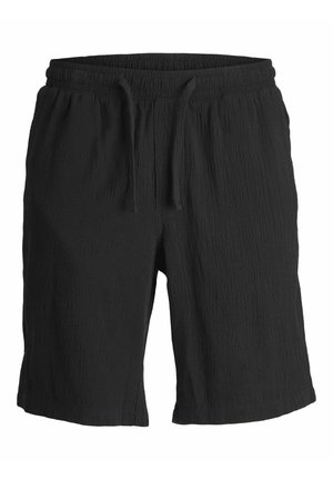 Shorts noirs en tissu texturé, dotés d'une taille élastique avec cordon de serrage et d'une coupe décontractée, se terminant au-dessus du genou.