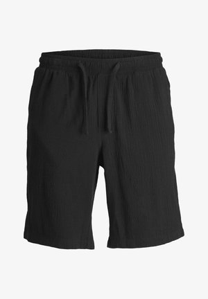 Mustad lühikesed püksid tekstuuriga kangast, kummiga vöökoht ja string, vabalt langev lõige, ulatudes põlvest natuke kõrgemale.