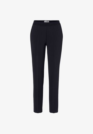 Schwarze, maßgeschneiderte Hose mit geradem Bein, flacher Vorderseite, elastischem Bund und knöchellangem Saum.