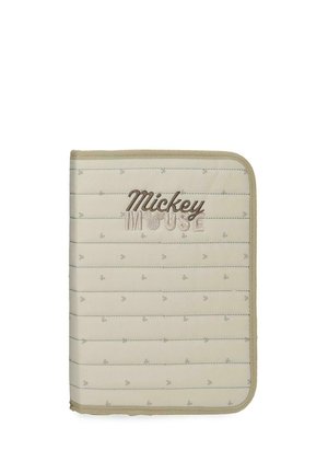 Organizador de tela beige con pequeños estampados de la cabeza de Mickey Mouse y "Mickey Mouse" bordado en hilo marrón y beige en la parte delantera.