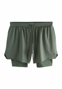 Grønne atletiske shorts med inderfor. Har elastisk talje, justerbar snøre og sidespalter for bevægelse. Glat, letvægtsstof.