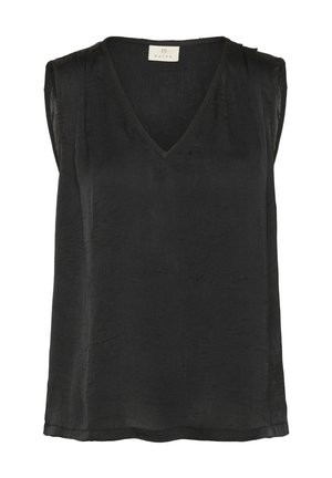 Musthave muströga muströiga mustressa top V-kaelusega, valmistatud kerge kangaga, millel on veidi kortsus tekstuur. Omab mugavat lõiget.