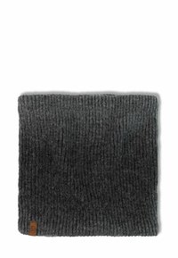 Gray knit neck warmer with a ribbed texture, featuring a small brown leather tag. The design is cylindrical, providing full coverage.