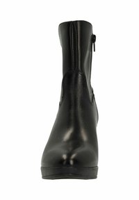 Schwarzer Knöchelstiefel mit glatter Lederoberfläche, runder Zehenpartie, seitlichem Reißverschluss und dezenten Nähten.