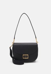 Black leather crossbody bag with a curved flap, gold-tone hardware, and a rectangular logo plaque. Features a woven shoulder strap.