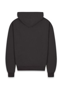 Schwarzer Kapuzenpullover, weicher Stoff, lockerer Schnitt, gerippte Bündchen und Saum, mit einem schlichten Rückenentwurf ohne Grafiken oder Akzente.