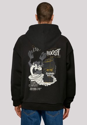 Black hoodie featuring a large graphic of a cartoon character with a can on the back, text reads "ACME ENERGY BOOST" and "RUN CIRCLES AROUND 'EM."