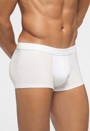 Torace maschile e parte superiore delle gambe con boxer aderenti bianchi contro uno sfondo chiaro uniforme.